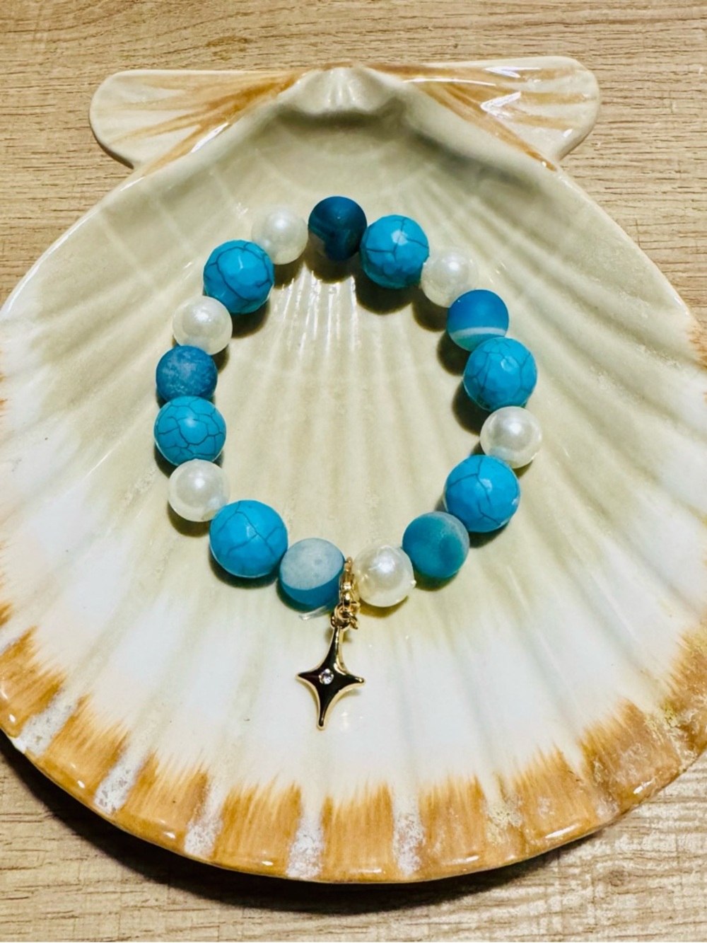 Turquoise Bead Stretch Bracelet with Pearl Accents and Star Charm